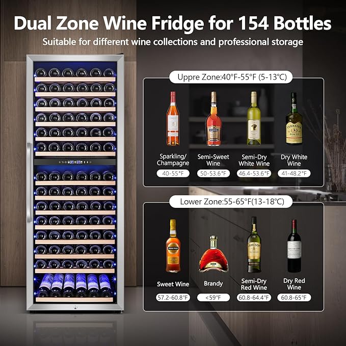 Wine Fridge Freestanding Dual Temperature Zone, Wine Cooler Refrigerator for 154 Bottles, 24 Inch Wide Large Wine Cooler with Professional Temperature Control System, Quiet Operation