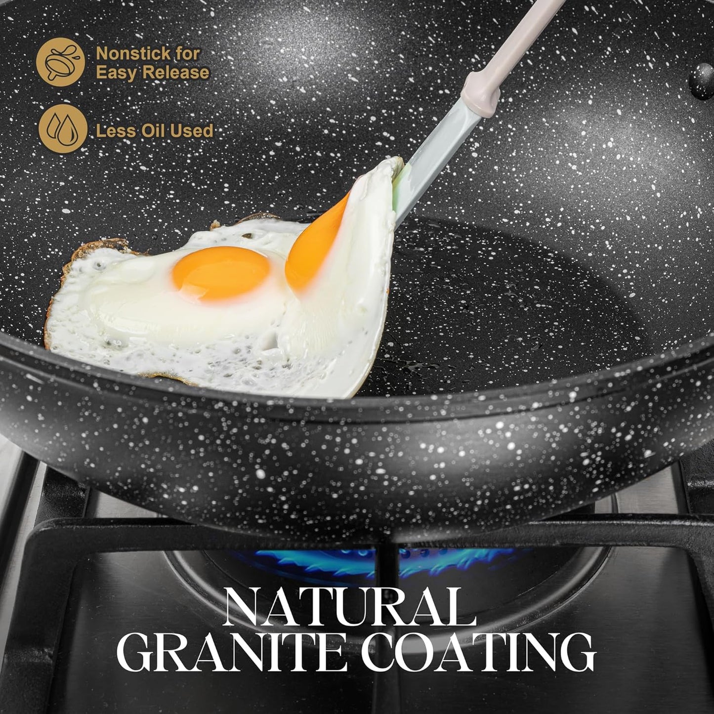 MICHELANGELO 12 Inch Wok Set - Woks & Stir-Fry Pans Nonstick Wok Pan with Lid, Induction Wok with Ergonomic Handle, Stainless Steel Steamer, Fryer Basket, Black