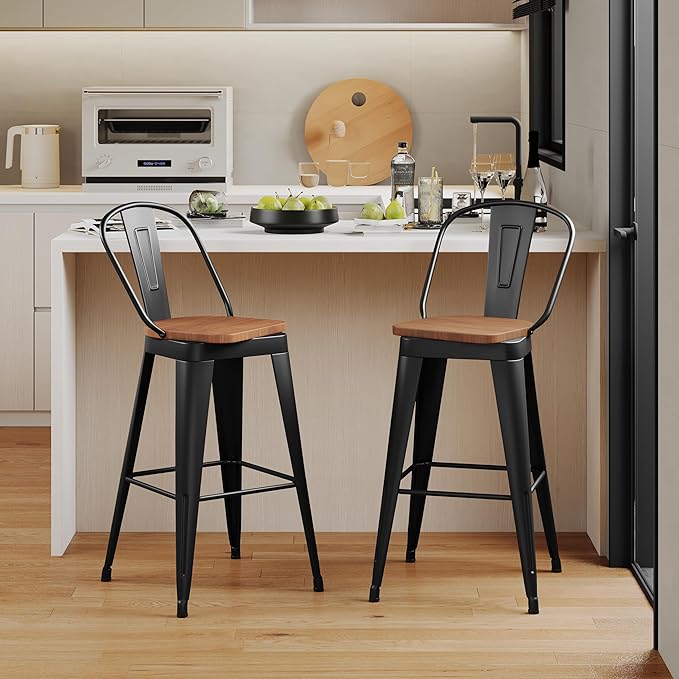Aklaus Swivel Metal Bar Stools 30 inch Swivel Bar Height Barstools Set of 2 Modern Farmhouse Bar Chairs with High Backs and Large Wooden Seat for Kitchen Island Dining Room Matte Black
