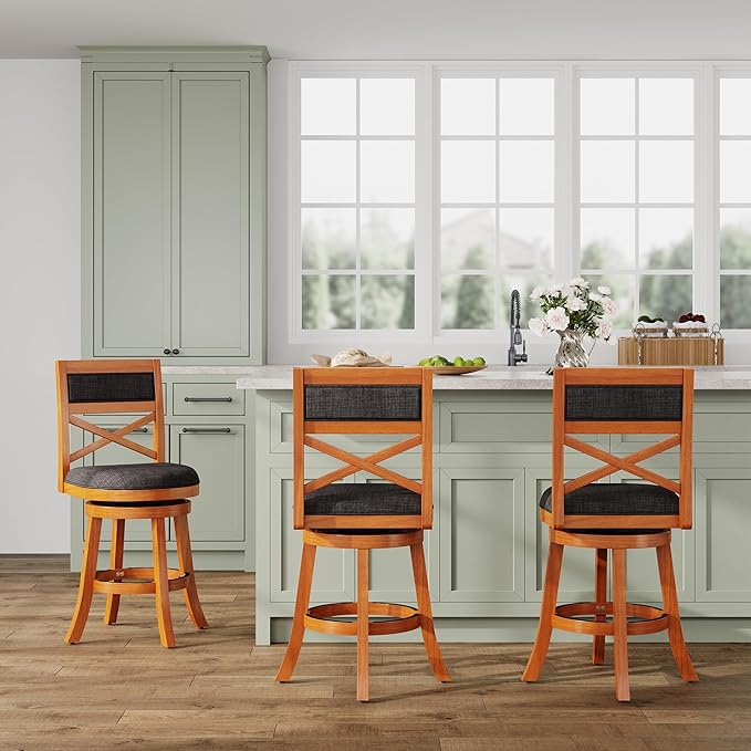 DTY Indoor Living Meeker 24 Inch Counter Height Bar Stools with Backs - Wooden Swivel Counter Stools for Kitchen Island - Charcoal Fabric Seat, Solid Wood Frame, Natural Finish