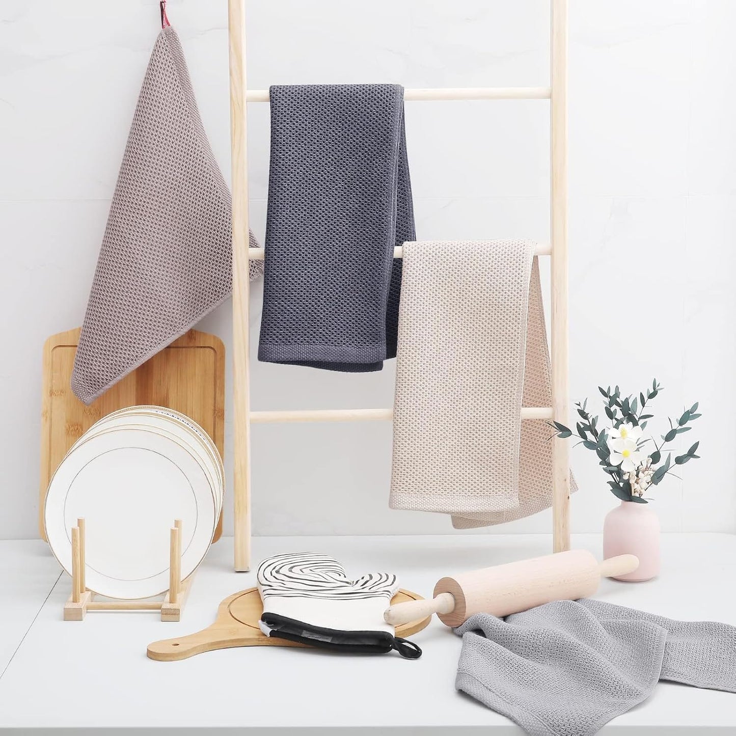 Homaxy 100% Cotton Waffle Weave Kitchen Dish Towels, Ultra Soft Absorbent Quick Drying Cleaning Towel, 13 x 28 Inches, 12-Pack, Mixed Color