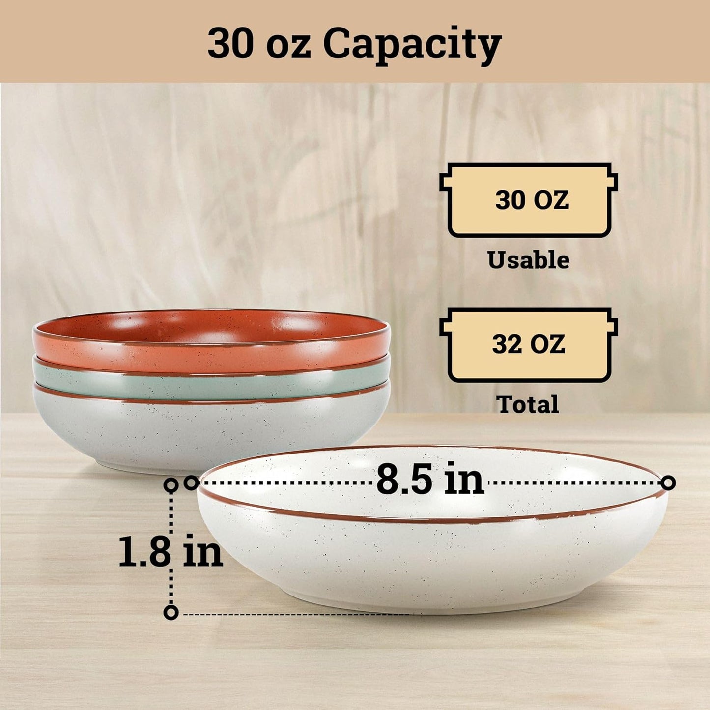 Pasta Bowls Set of 4 - Large 30 oz Bowls - Stylish Ceramic Plates - Safe for Oven, Microwave & Dishwasher - Salad Bowl Set of 4 - Pasta Bowl Plates - Deep Plate with Lid Edge - Blates Dinnerware
