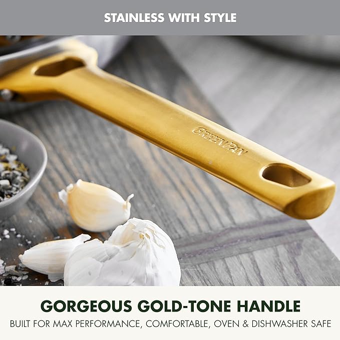 GreenPan Stainless Steel Tri-Ply Reserve 8” Frying Pan Skillet, Multiclad Cookware, PFAS-Free, Induction, Oven & Broiler Safe to 600°F, Heat Responsive Core, Dishwasher Safe, Gold Handle