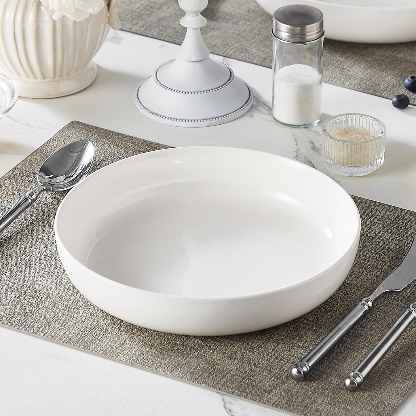 MALACASA 48 Oz Pasta Bowls Set of 4, 9 Inch Salad Bowls, White Ceramic Serving Bowls for Kitchen, Microwave & Dishwasher Safe, Series LUNA, White