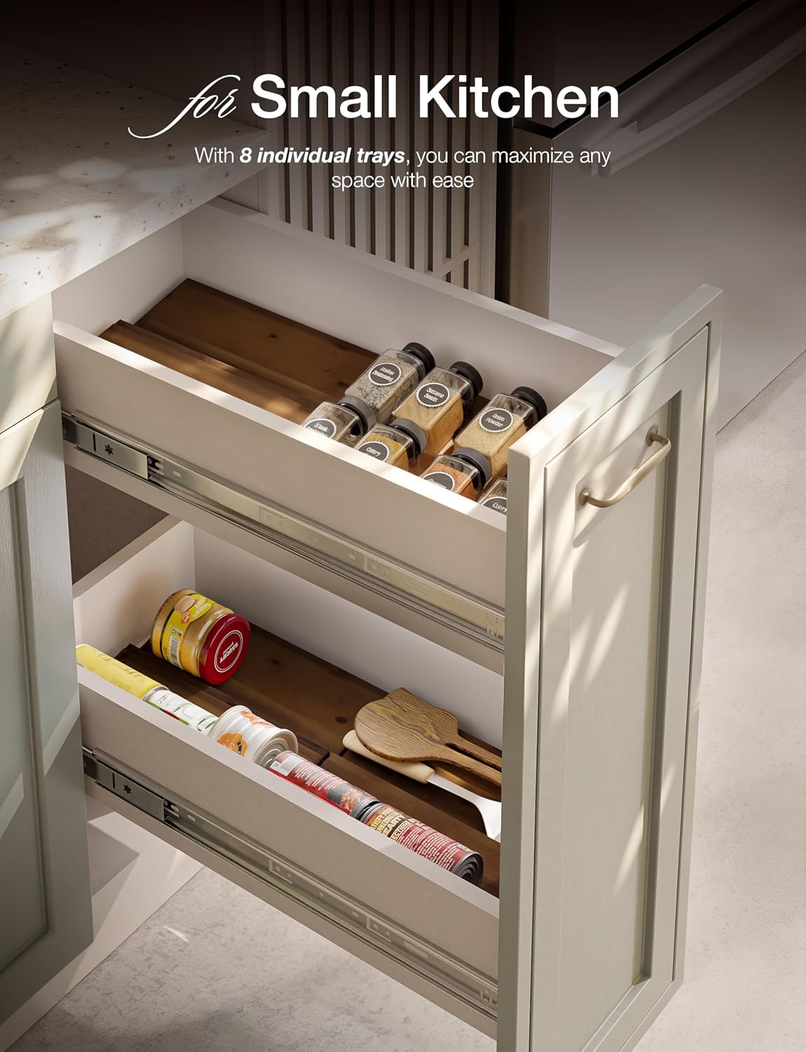 Tinamo 8-Pack Acacia Wooden Spice Drawer Organizer - Spice Organization for Cabinet, Seasoning Organizer for Cabinet - Organizador De Especias De Cocina - 64 Standard Jars, Multi-Tier (Walnut color)