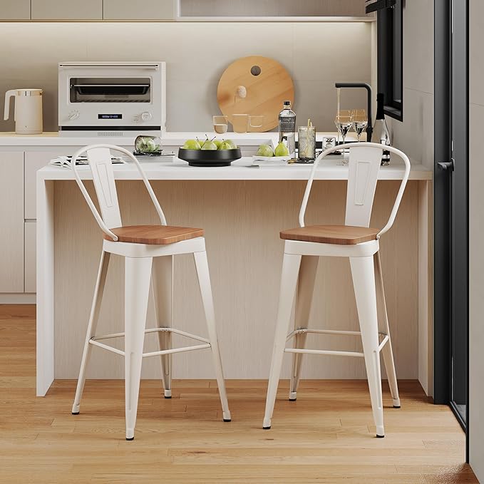Aklaus Swivel Metal Bar Stools 30 inch Swivel Bar Height Barstools Set of 2 Modern Farmhouse Bar Chairs with High Backs and Large Wooden Seat for Kitchen Island Dining Room Cream White