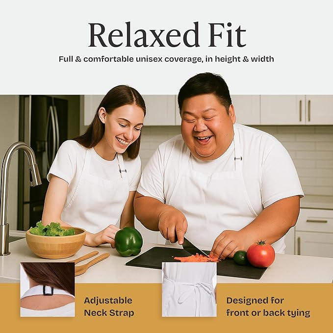 Will Well Kitchen Apron for Men and Women - 33" x 27" Oil-and-Water-Resistant with Adjustable Neck Strap and 38" Waist Ties for a Snug Fit, Lightweight with 2 Front Pockets - 1-Pack, White