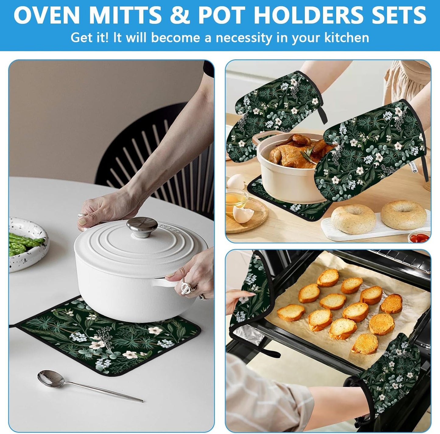 Botanical Print FloralOven Mitts and Pot Holders Sets Heat Resistant 4Pcs Potholders Oven Gloves Hot Pads for Kitchen Baking Cooking Grilling BBQ