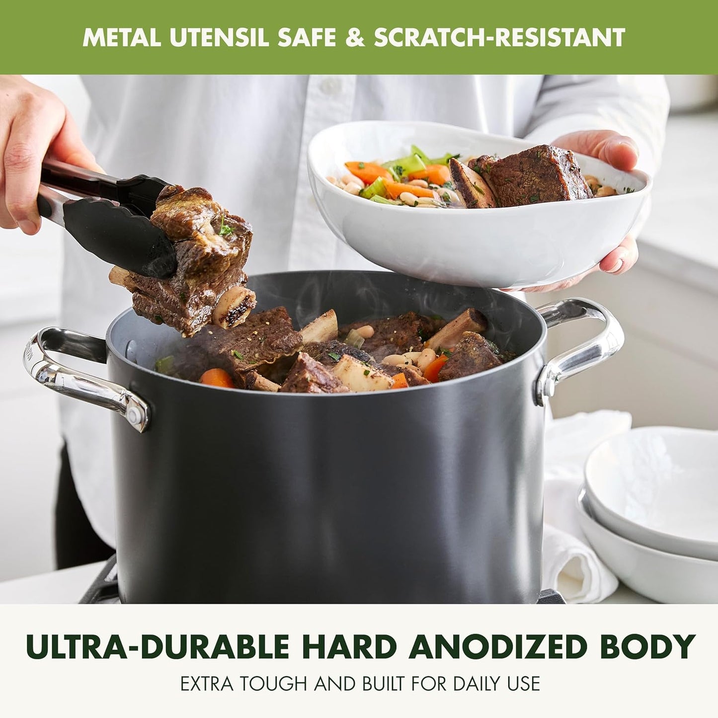 GreenPan Valencia Pro Hard Anodized Healthy Ceramic Nonstick 8QT Stock Pot with Lid, PFAS-Free, Induction, Dishwasher Safe, Oven Safe, Gray