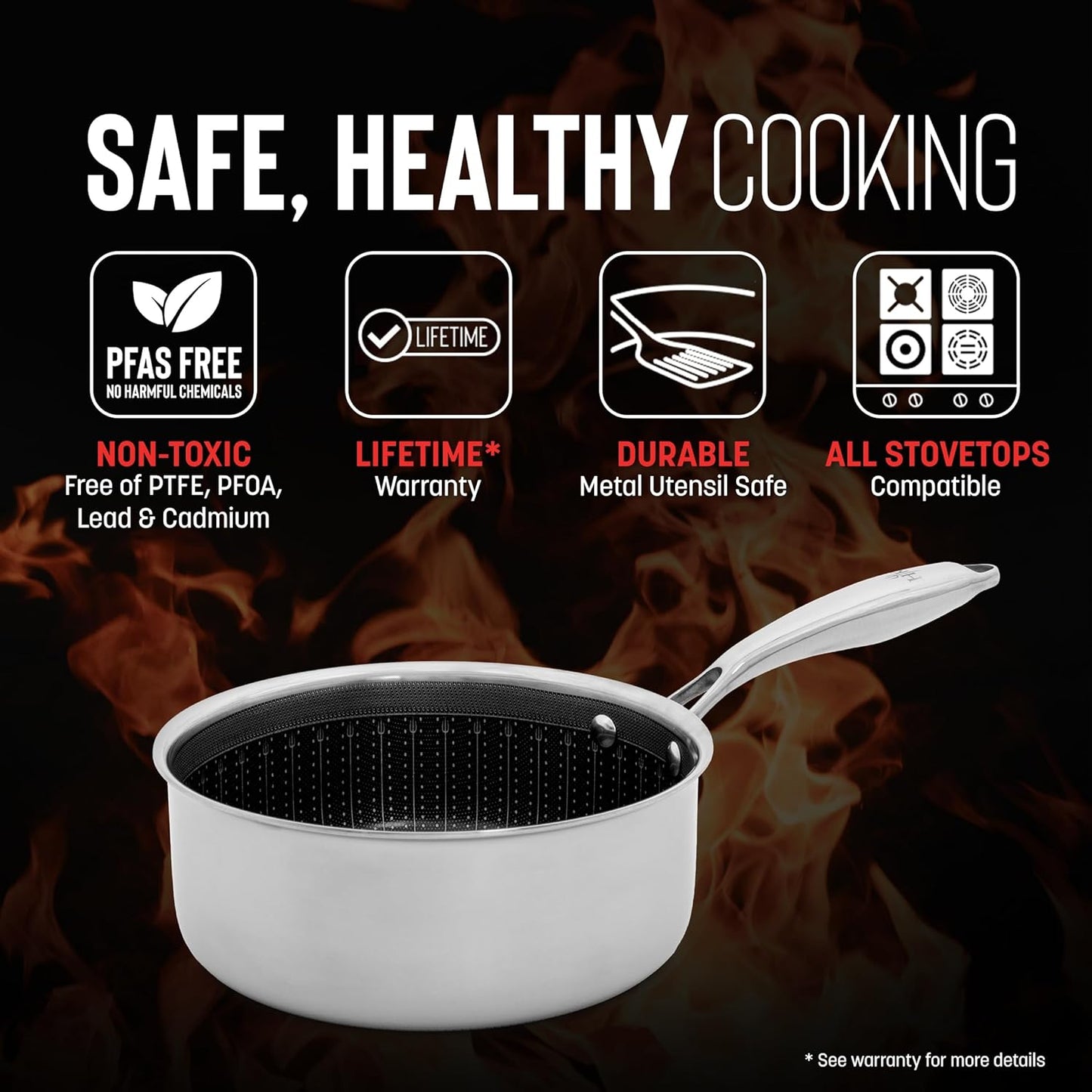 Hell's Kitchen Hybrid 2.5 Qt Saucepan and lid, Tri-Clad Stainless Steel and Nonstick Ceramic, PFAS Free, no PFOA, no PTFE, no Teflon, Non Toxic Cookware, Metal Utensil Safe, All Cooktops and Oven Safe