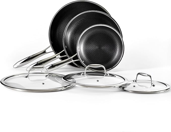 HexClad Hybrid Nonstick 6-Piece Fry Pan Set, 8, 10, and 12-Inch Frying Pans with Tempered Glass Lids, Stay-Cool Handles, Dishwasher-Friendly, Induction Ready, Compatible with All Cooktops