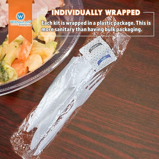 Bulk Heavy Weight Cutlery Individually Wrapped White Plastic Cutlery Knife, Spoon, Fork Pack with Napkin and Salt and Pepper Packets - Extra Strong & Resistant