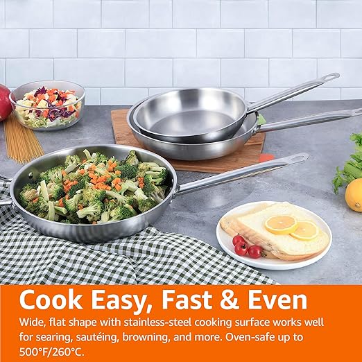 Amazon Basics 3-Piece Stainless Steel Aluminum-Clad Fry Pan Set with 8", 9 1/2", and 12" (Previously AmazonCommercial brand)