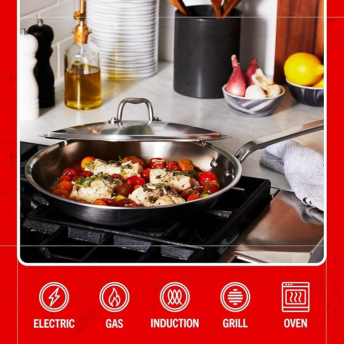 Heritage Steel Eater Series 12 Inch Frying Pan with Lid | Made in USA | 5-Ply Fully Clad Stainless Steel | Stay Cool Handle Design | Induction Ready & Non-Toxic