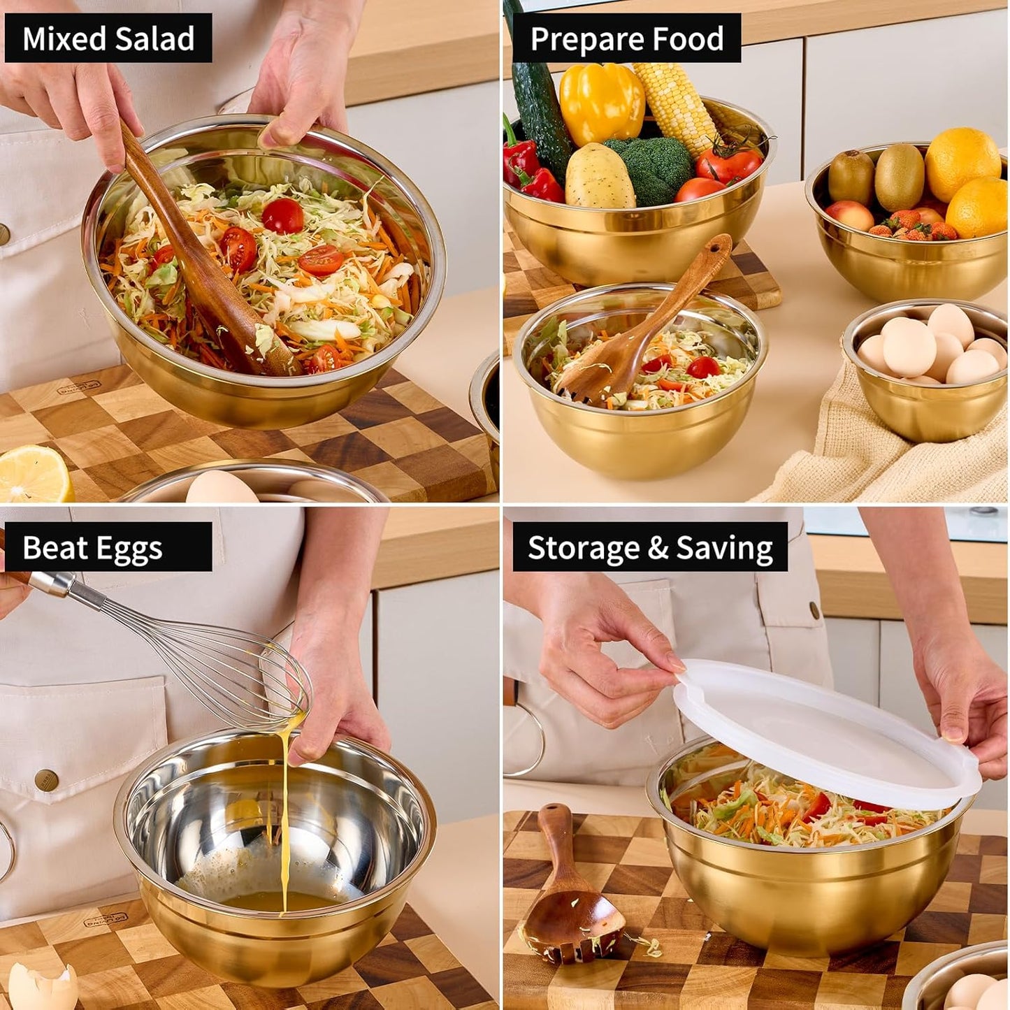 Gold Mixing Bowls with Lids Set of 7, Stainless Steel Nesting Bowl with Khaki Lid for Non-slip Mixing Prepping Storing Serving, 7 Sizes-7/3.6/2.7/2.1/1.5/1/0.8 QT