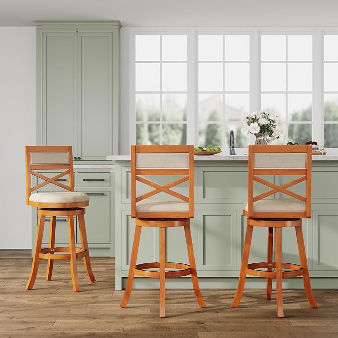 DTY Indoor Living Meeker X Back Fabric Swivel Stool, 30” Bar Height, Natural Finish, Beige Fabric Seat
