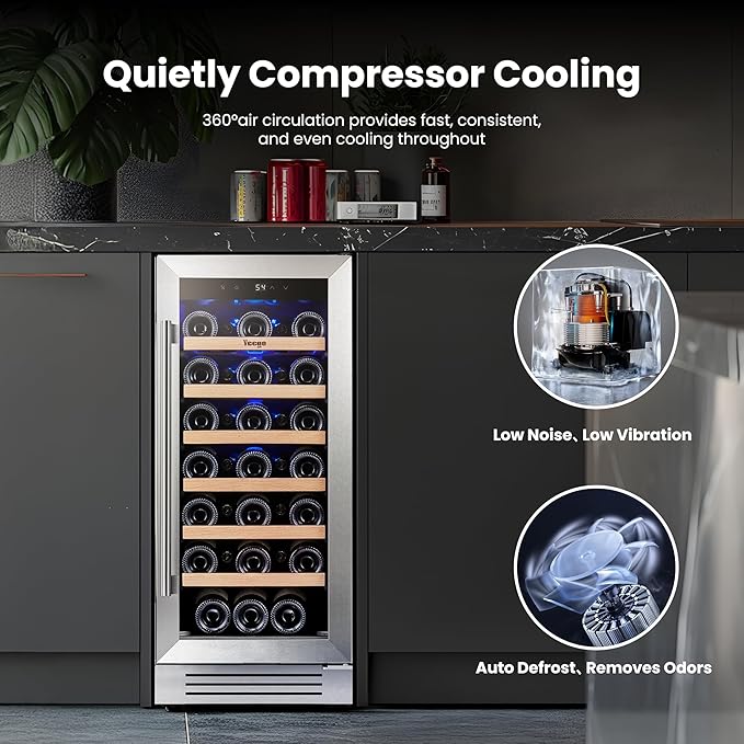 Yeego Wine Fridge - 15 inch 33 Bottles 40-65℉ Temperature Touch Control, Built-In/Under Counter/Freestanding Wine Cooler Refrigerator with Glass Door, Perfect for Bar, Home, Kitchen Cabinet, Office