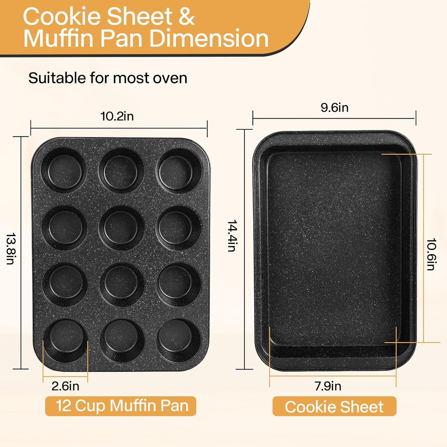 Bakeware Sets 6 Pcs, Non Stick Baking Pans Set, Black Speckled Kitchen Baking Set, Stackable Storage, Easy Clean & Even Heating, with Cooling Rack, Cake, Muffin, and Loaf Pan