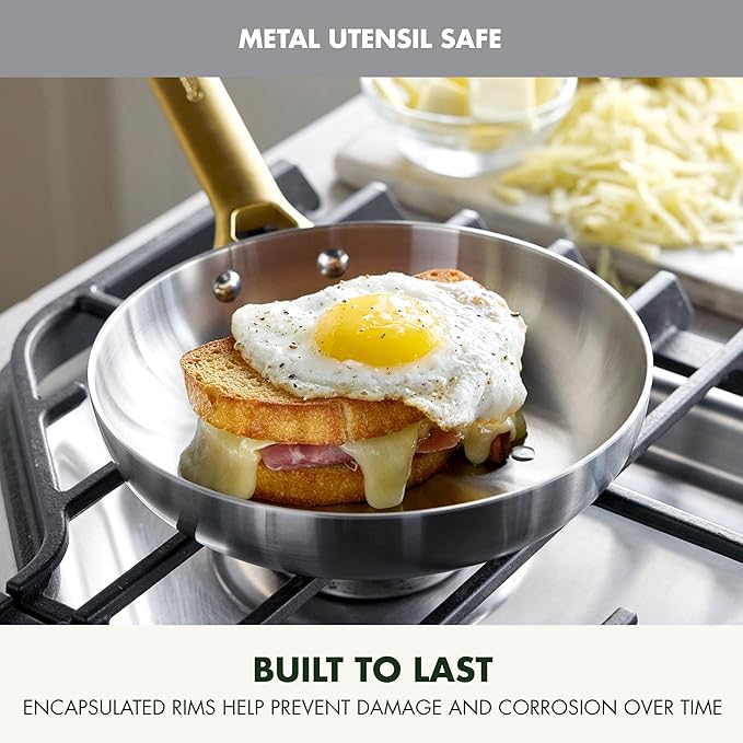 GreenPan Stainless Steel Tri-Ply Reserve 8” Frying Pan Skillet, Multiclad Cookware, PFAS-Free, Induction, Oven & Broiler Safe to 600°F, Heat Responsive Core, Dishwasher Safe, Gold Handle