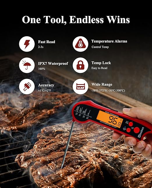 Wisebee 2-in-1 Meat Thermometer, Digital Instant Read Food Kitchen Thermometer with Dual Probes | Waterproof | Alarm Set | Calibration | Backlit | Hold Function for Cooking (Red)