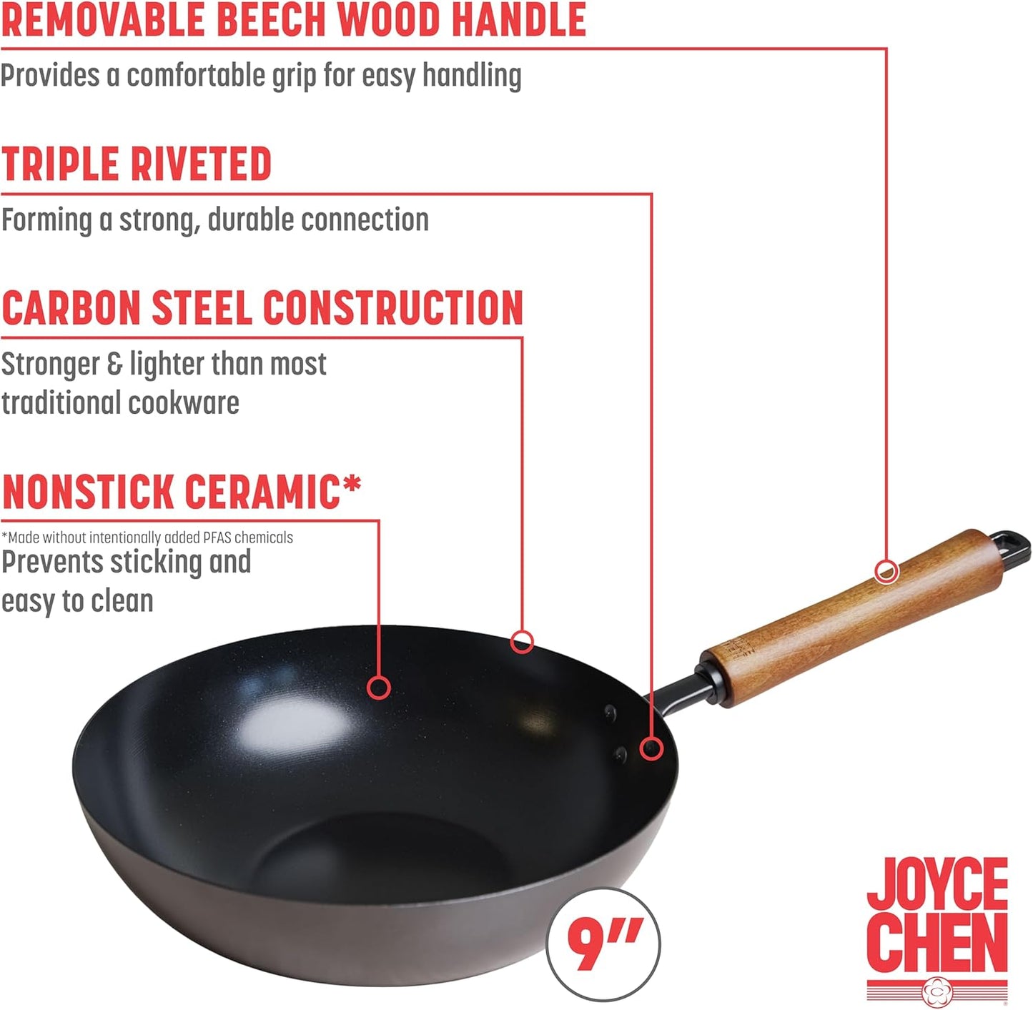 JOYCE CHEN Classic Series 9.5-Inch Ceramic Nonstick Carbon Steel Stir Fry Pan