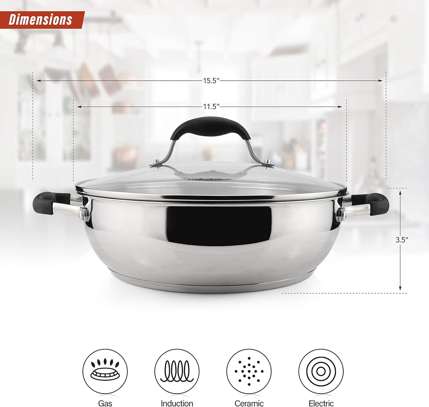 AVACRAFT 18/10 Stainless Steel Everyday Pan with Five-Ply Base, Stir Fry Chef’s Saute Pan with Glass Lid, Multipurpose Stewpot Skillet, Casserole in Pots (11 Inch)