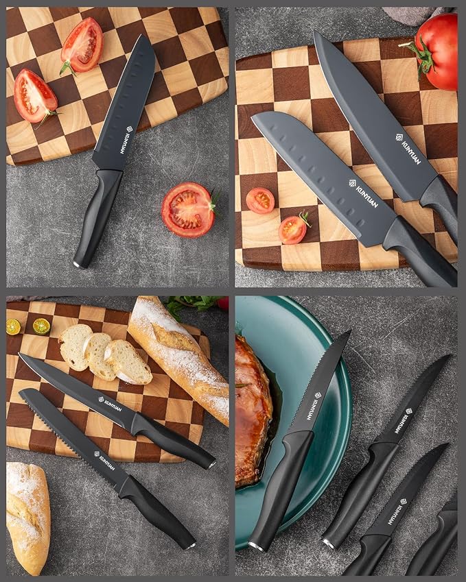 KUNYUAN Kitchen Knife Set, 15-Piece Knife Set with Self-Sharpening Block, Ergonomic Design, 6 Steak Knives, Anti-Slip Handle, Black