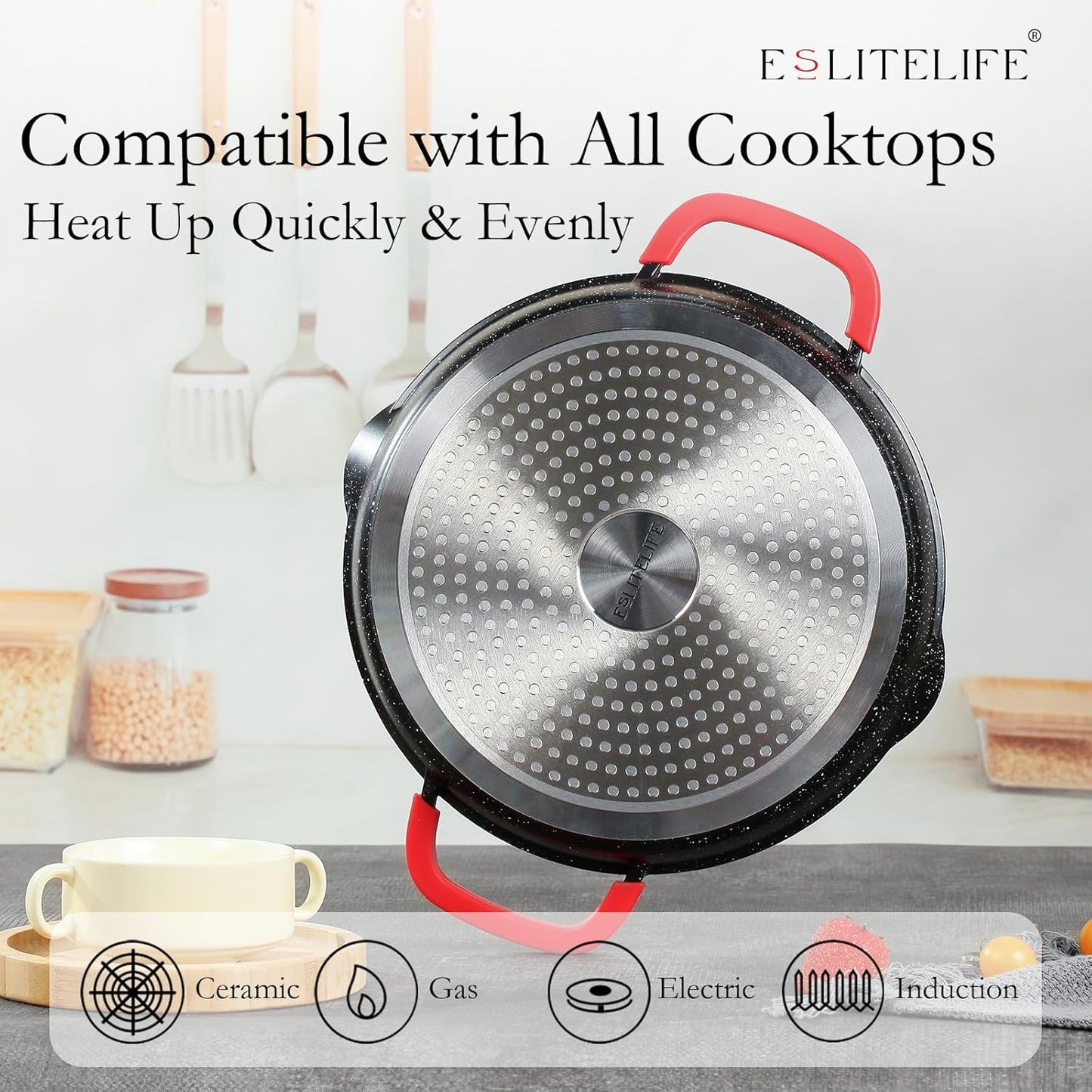 ESLITE LIFE Nonstick Grill Pan for Indoor Cooking, Versatile Induction Square Large Grilling Skillet Steak Pan for Stove Tops, PTFE & PFOA Free (Black, 11" w/Round & Lid & Tongs)