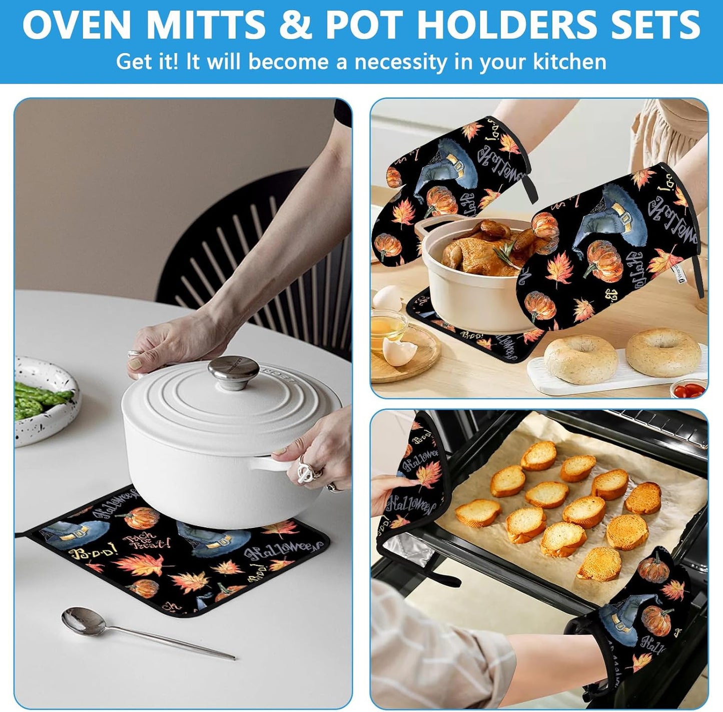 Halloween Pumpkin Autumn Maple Leave Oven Mitts and Pot Holders Sets Heat Resistant 4Pcs Potholders Oven Gloves Hot Pads for Kitchen Baking Cooking Grilling BBQ
