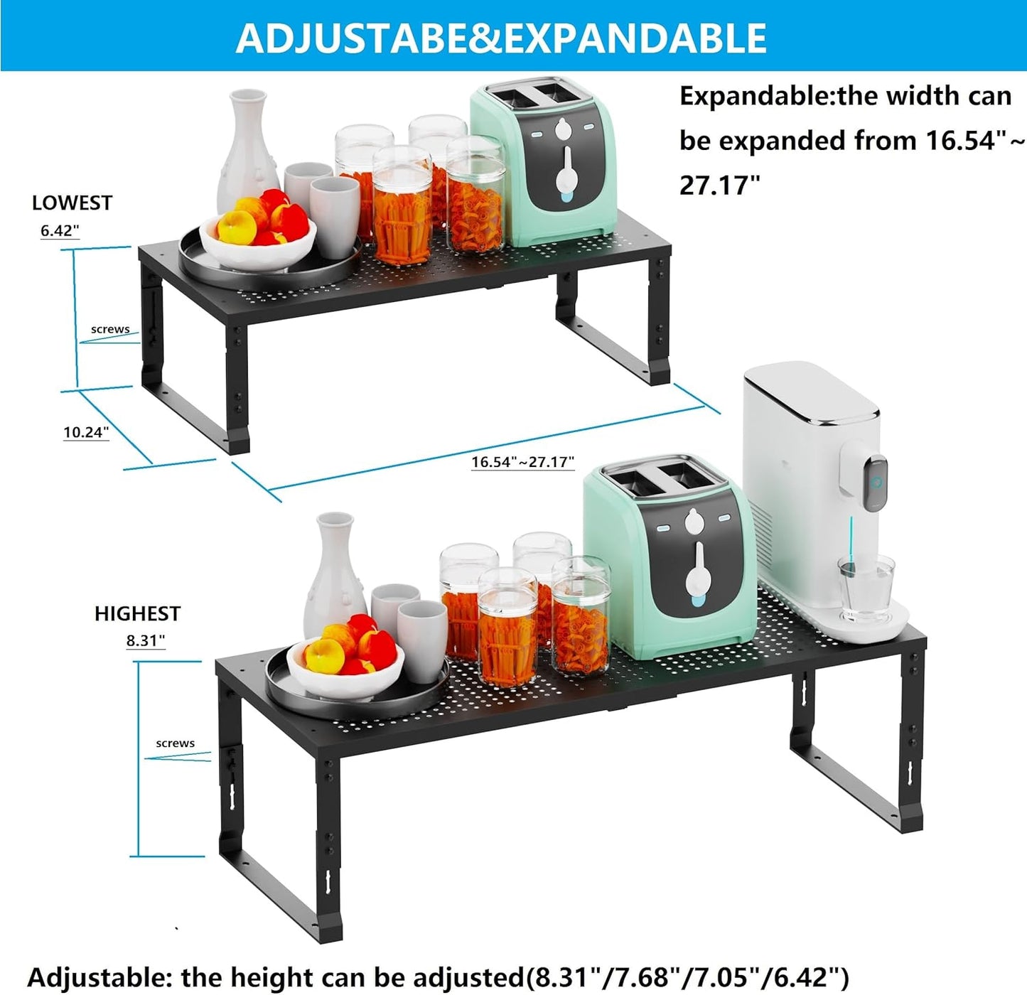 Expandable Spice Rack,Stackable Storage for Cabinet, Multi-Functional Kitchen Shelving,Height-Adjustable,Sustainable Organizer Solution(3Packs/Black/Large)