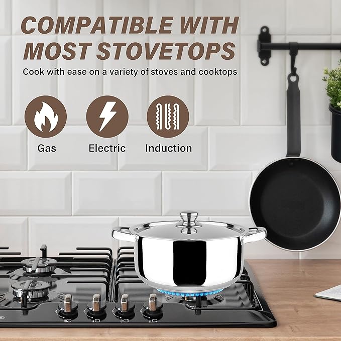 Stainless Steel 6-Piece Cookware Set: Mirror Polished, Induction Bottom, Straight Shape, SS Lids, Sturdy Handles and Knobs