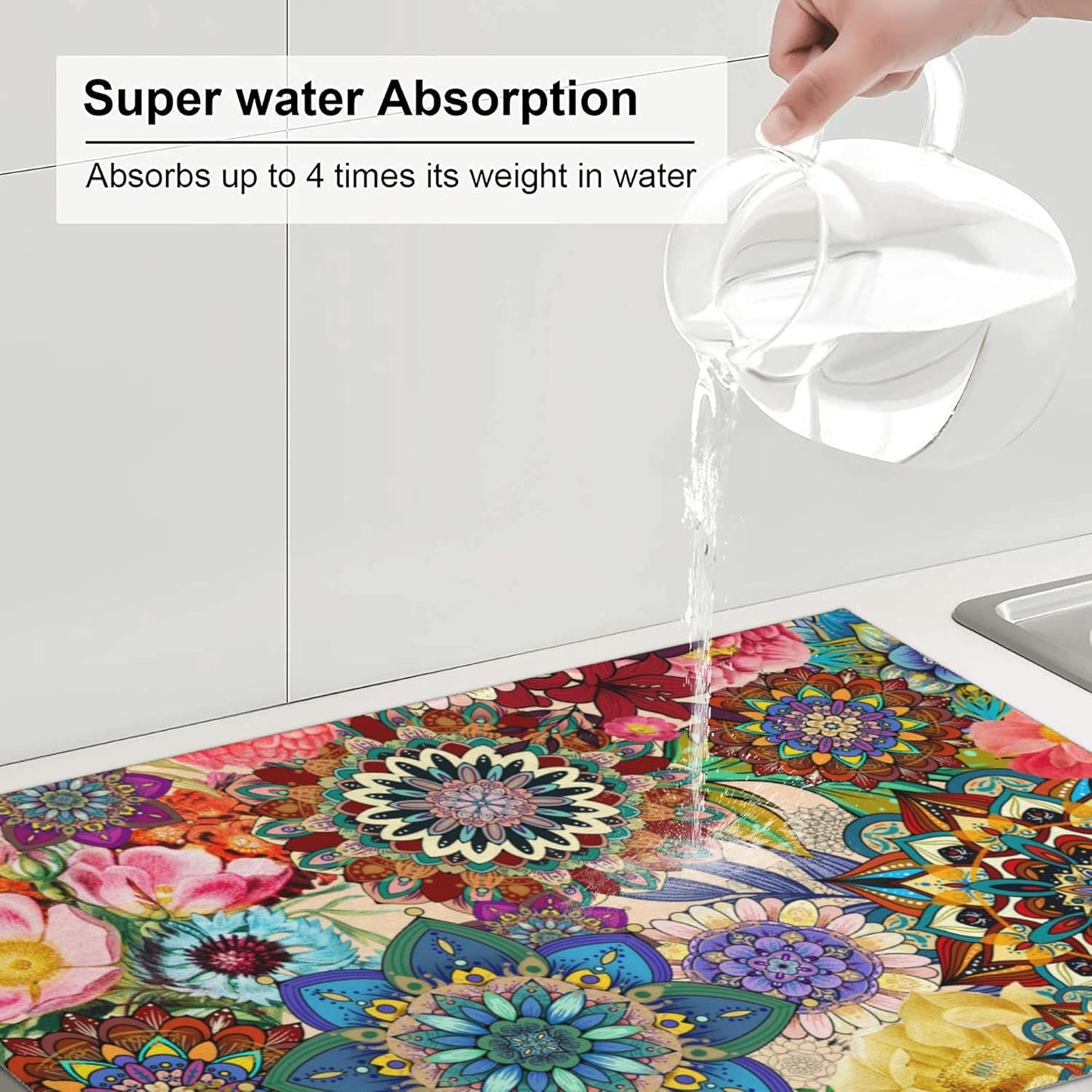 Colorful Flowers Dish Drying Mat for Kitchen Counter Absorbent Reversible Boho Floral Drying Pad Kitchen Decor Dish Drainer Rack Mats 18"x24"