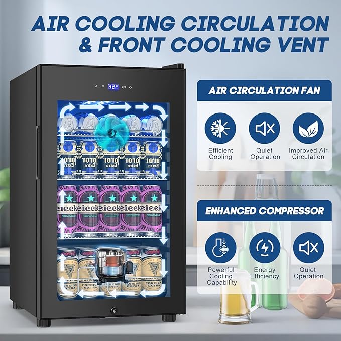 17Inch Beverage Refrigerator and Cooler Freestanding, 96 Cans Mini Fridge with glass door and Lock, Small Drink Fridge for Soda, Beer, Wine, For Home Bar Office with LED Light