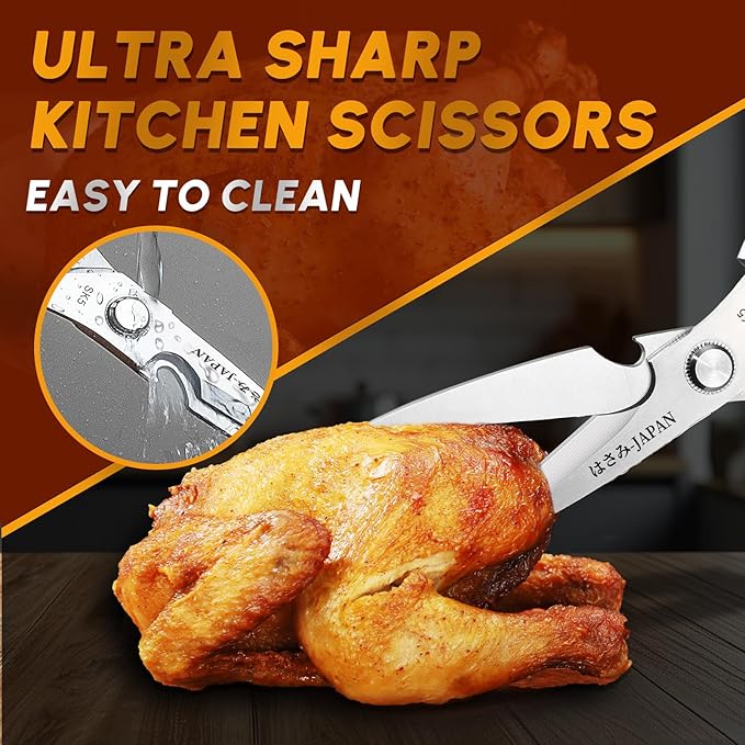 HUUSK Kitchen Scissors Set Silver - Upgraded Stainless Steel Kitchen Shear, Sharp Meat Scissors Dishwasher Safe, Heavy Duty Poultry Shears, Japanese Cooking Scissor for Food, Chicken Bones, and Turkey