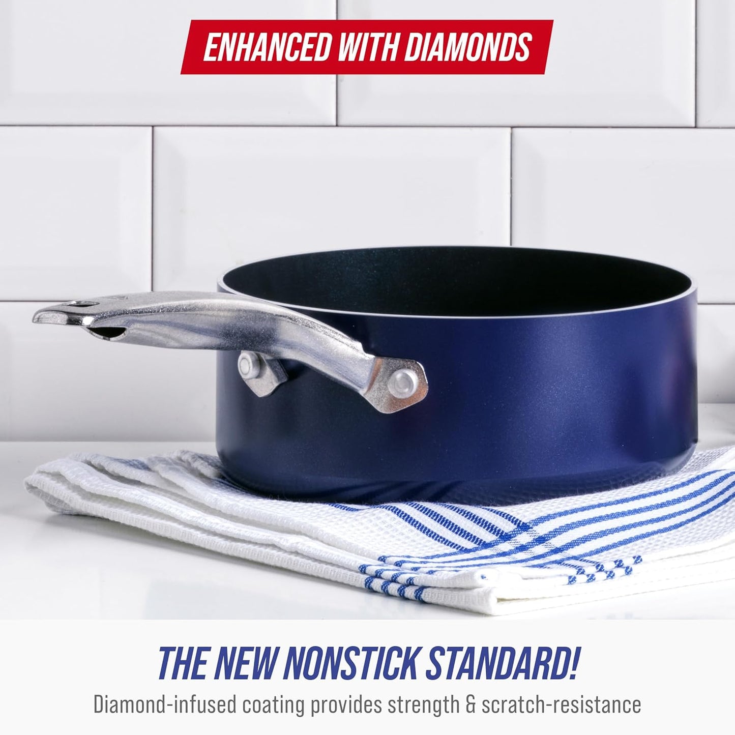 Blue Diamond Nonstick 2QT Saucepan with Lid, Non Toxic PFAS-Free Diamond Ceramic, Dishwasher & Oven Safe, Metal Utensil Safe Pot, Stay Cool Handle, Chef Pan, Glass Lid, Blue