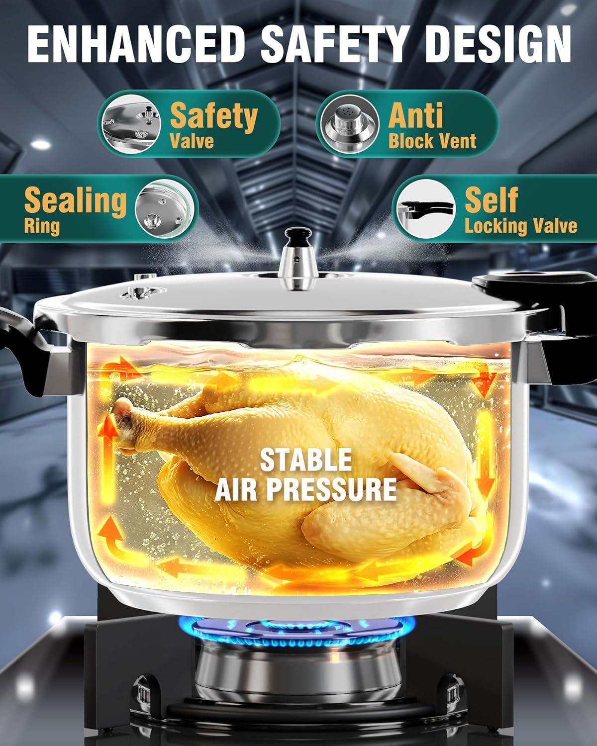 WantJoin Stainless Steel Pressure Cooker(Non-Aluminum),11 Quart Induction Compatible Pressure Cooker with Spring Valve Safeguard Devices,Compatible with Gas & Induction Cooker