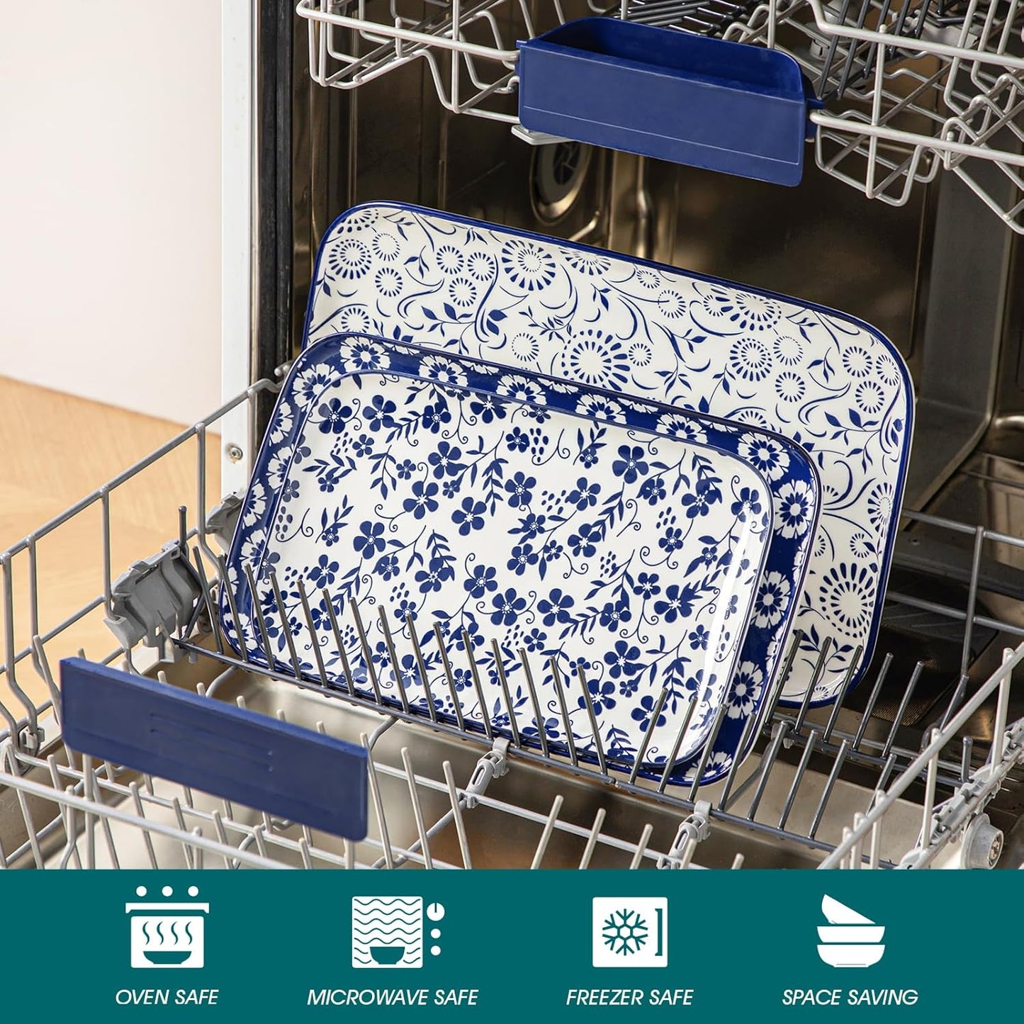 vancasso Serving Platters Set of 3, 16"/14"/12" Inch Rectangular Trays - Serving Platter Extra Large, Ceramic Serving Dish Microwave & Dishwasher Safe (Vintage Blue B)