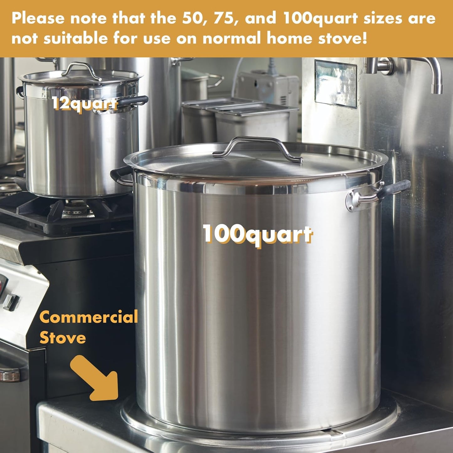 CURTA 100 Quart Large Stock Pot with Lid, NSF Listed, 3-Ply Clad Base, 18/8 Stainless Steel Cooking Pot, Commercial Cookware, Induction Ready, 19.7"D x 20.6"W x 19.7"H
