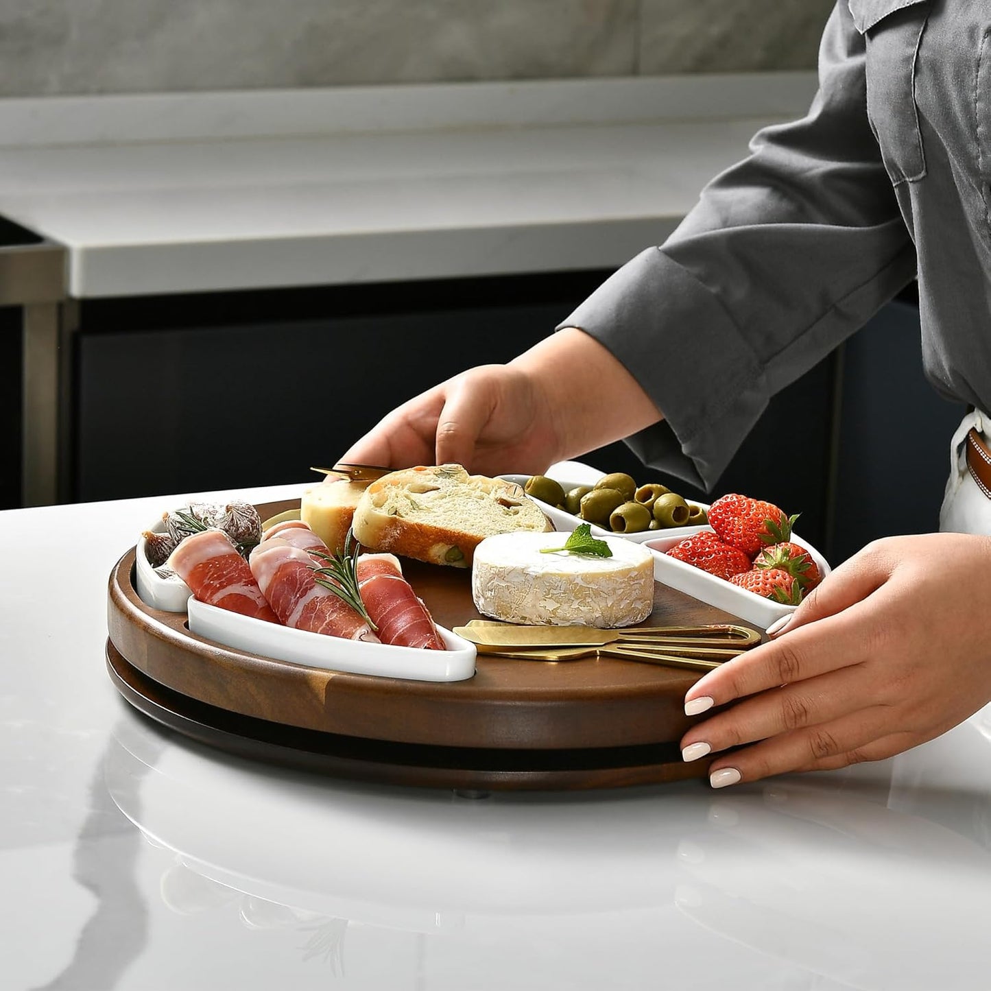 Shanik Upgraded Lazy Susan Cheese Cutting Board Set - Round Acacia Charcuterie Board With 4 Ceramic Bowls - Wedding Gifts - Cheese Serving Platter - Bridal Shower