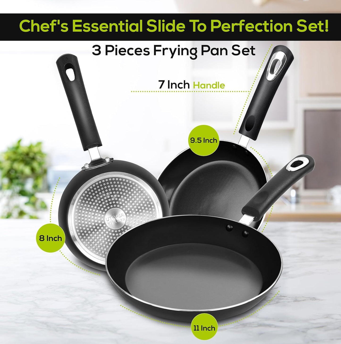 Utopia Kitchen Nonstick Cookware 3 Piece Omelette Pan Skillet Set, Nonstick Frying Pans with Induction Bottom, 8, 9.5 & 11 Inches Frying Pans with Bakelite Handles, PFOA Free, Grey