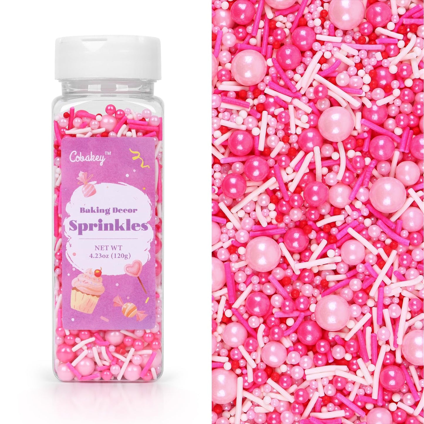 Pink Sprinkles for Cake Decorating 4.23ounce - Pearl Sprinkles for Baking, Cupcake, Ice Cream, Candy, Cookie Decorations - Pink Sprinkles for Valentines Princess Bridal Shower Wedding Party