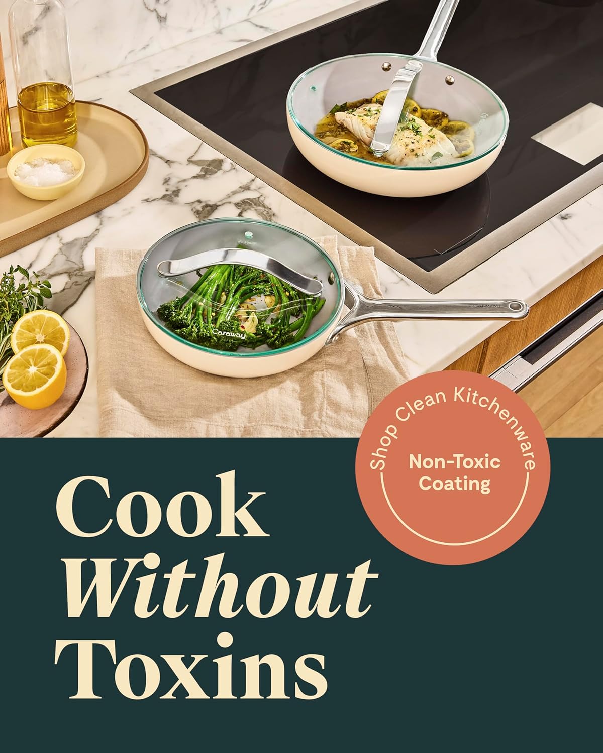 Caraway Ceramic Nonstick Fry Pan Set with Glass Lids – Includes Two 10.5” Fry Pans, One 8” Fry Pan, & Three Lids - Non Toxic, PTFE & PFOA Free - Oven Safe & Compatible with All Stovetops - Marigold