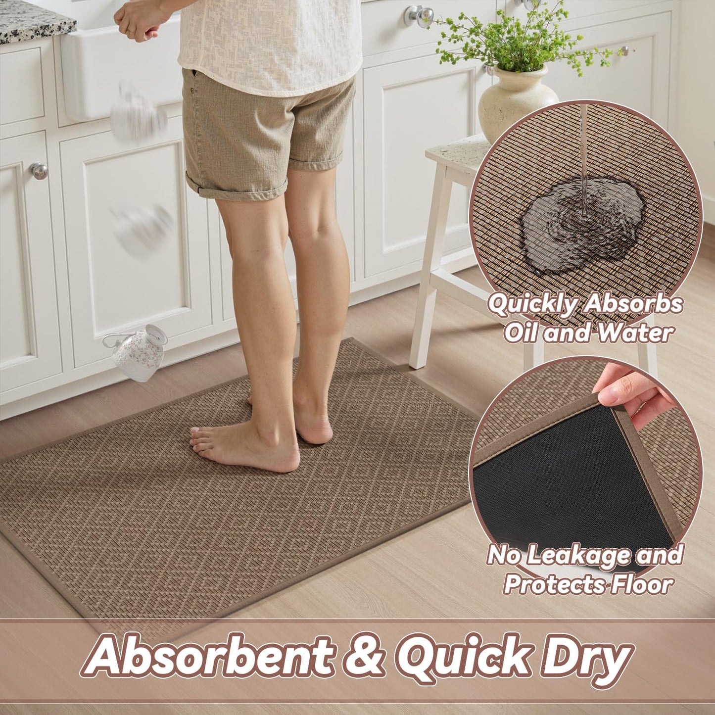 PADOOR Kitchen Runner, Rubber Backed Kitchen Runner Rugs Non Skid Washable, Super Absorbent Kitchen Mats for Floor Front of Sink, 20"x47" Brown