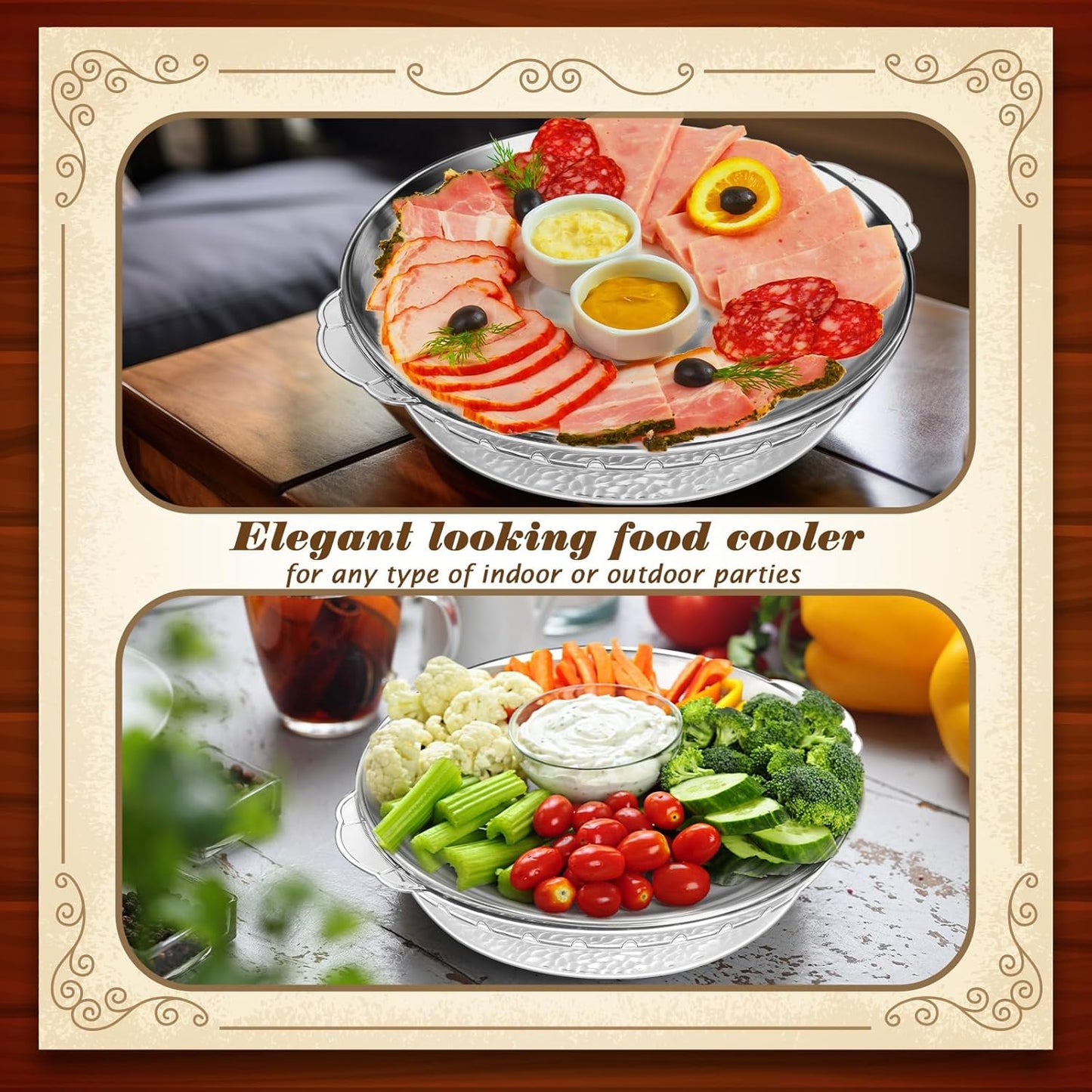 Baderke 6 Set 11.8" Chilled Serving Tray for Parties with Compartments Ice Chilled Party Platter Charcuterie Serving Board Cold Dish Dip for Fruit Seafood Vegetable Shrimp Cocktail (Natural)