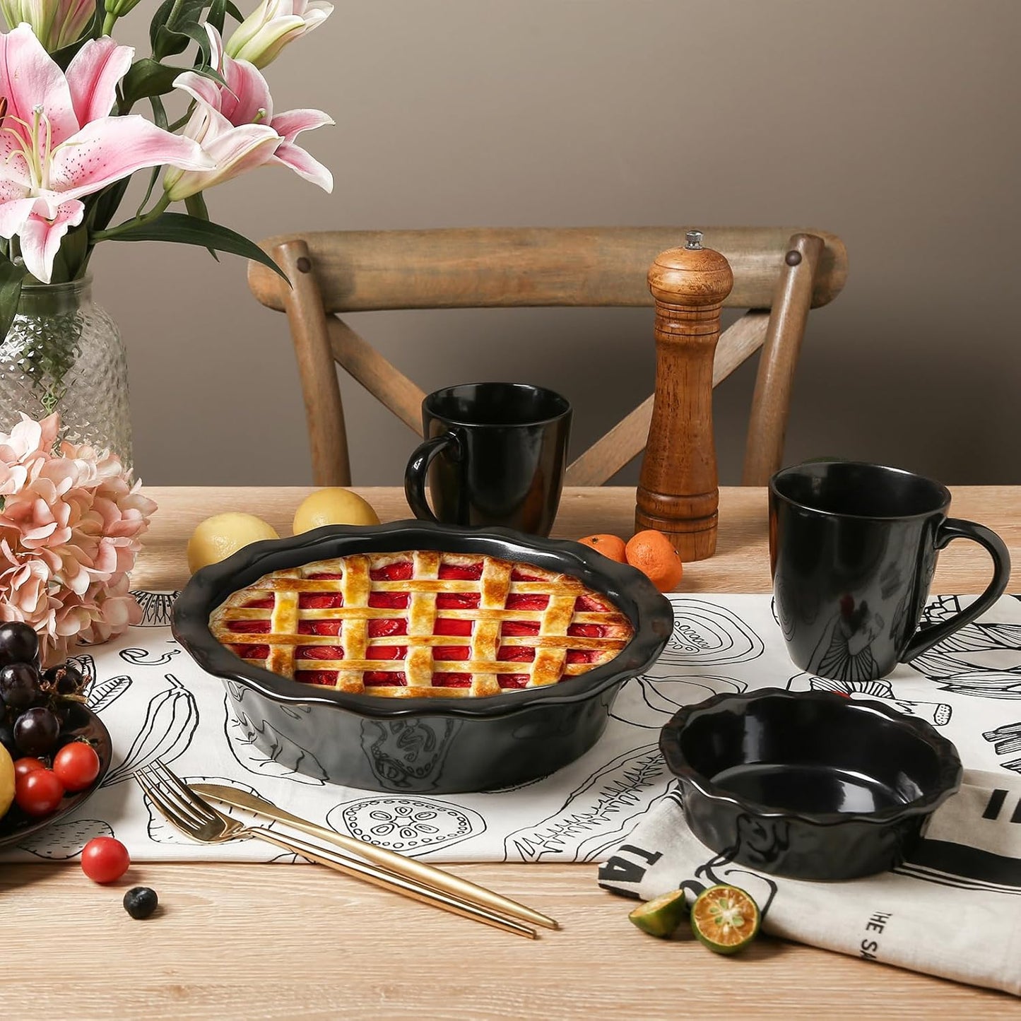 vicrays Ceramic Pie Pan for Baking - 9 inch Pie Plate, Round, Fluted and Deep Pie Dish for Tart, Pizza, Apple Pie, Quiche, Pot Pies, Cake - Reactive Glaze (Black)