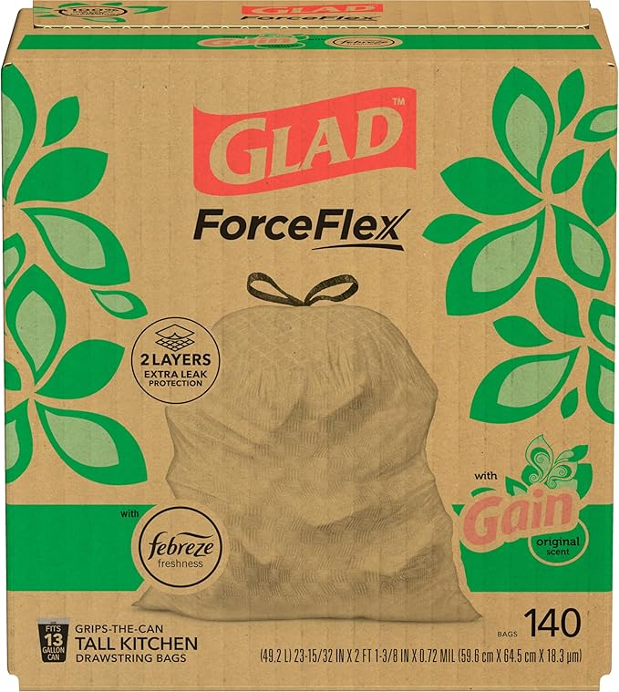 Glad ForceFlex Tall Kitchen Trash Bags, 13 Gallon, Gain Original, 140 Count (Package May Vary)