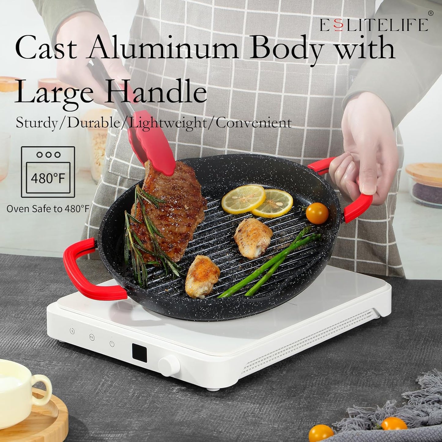 ESLITE LIFE Nonstick Grill Pan for Indoor Cooking, Versatile Induction Square Large Grilling Skillet Steak Pan for Stove Tops, PTFE & PFOA Free (Black, 11" w/Round & Lid & Tongs)