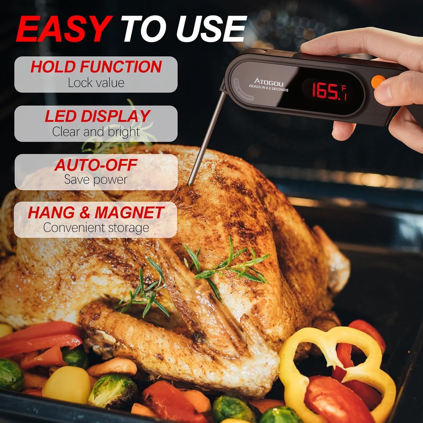 Meat Thermocouple Thermometer Digital, Ultra Fast Instant Read <1 Sec, ±0.5℉ Accuraty, IP67 Waterproof, LED Display, Auto Off, Digital Kitchen Thermometer for Meat/Candy/Grill/BBQ etc. TH-21(Black)