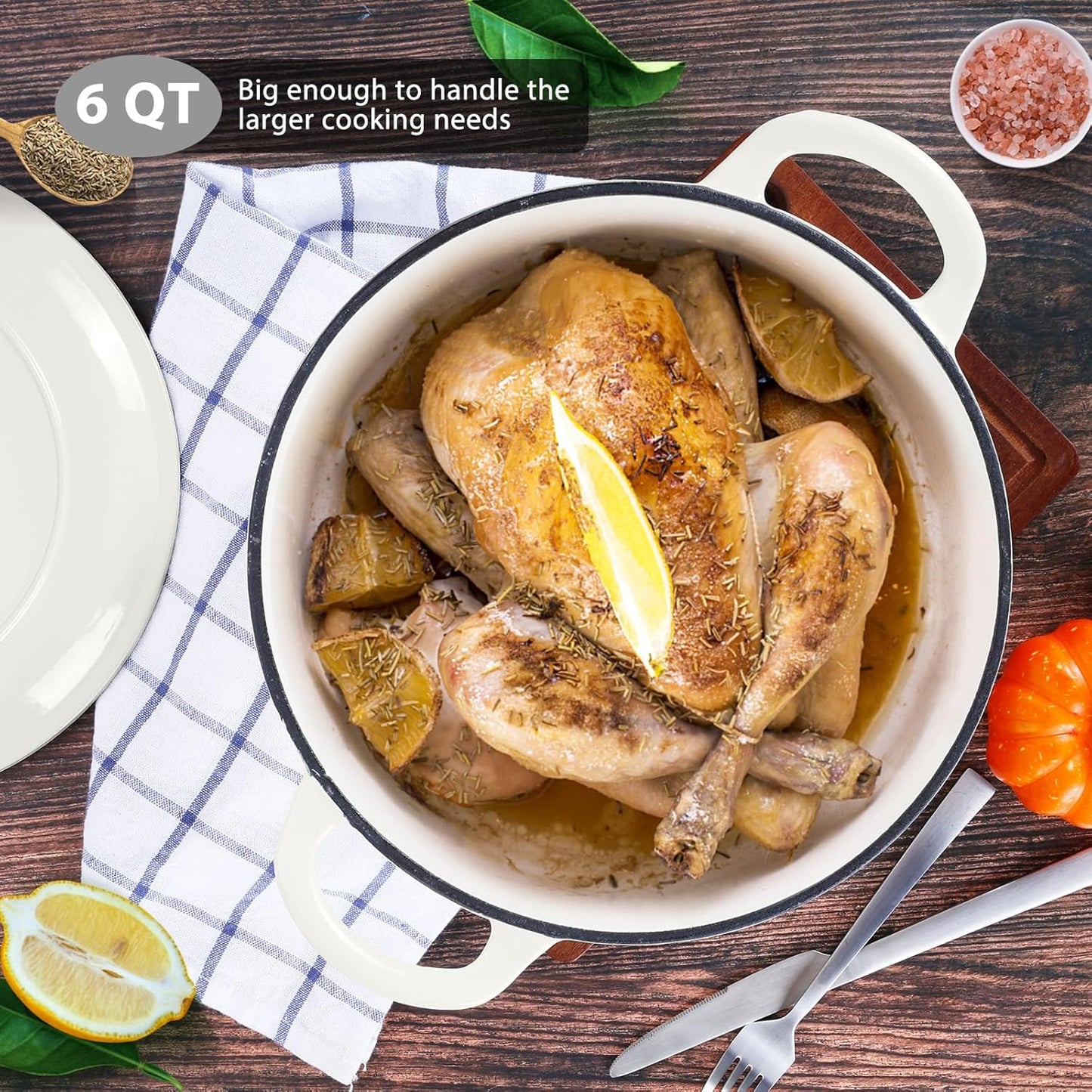 E-far 6 Quart Dutch Oven, Enameled Cast Iron Dutch Oven Pot with Lid, Nonstick Round Cookware for Braising/Stews/Roasting/Bread Baking/Cooking, Heavy Duty, Induction & Oven Safe - White