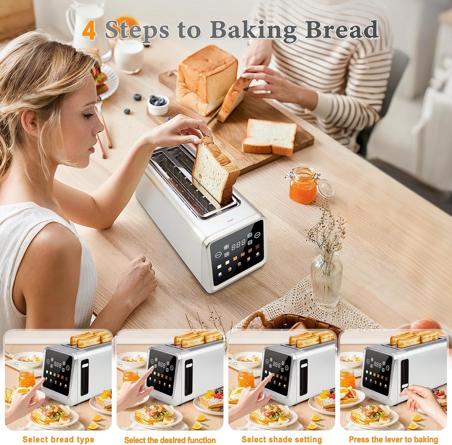 Long Slot Toaster 4 Slice, Touch Screen LED Display, 1.5โ Extra Wide Slots for Thick Bread & Bagels, Countdown Timer, Memory Function, Dual Independent Control, 6 Shade Settings, Stainless Steel